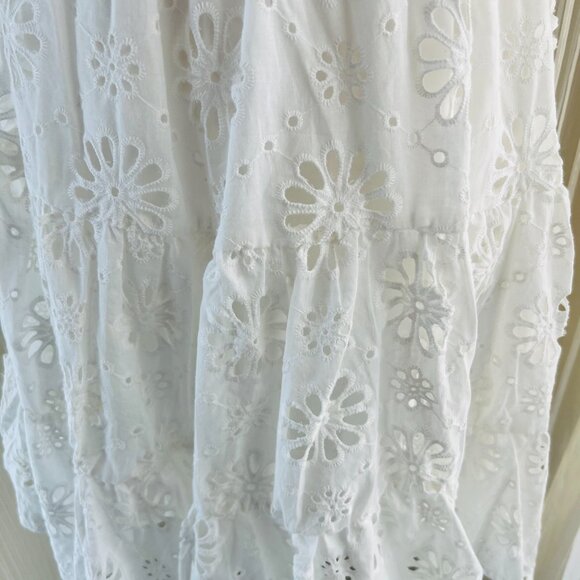 Women White Embroidery Hollow Out Hole Flower Short Puff Sleeve Mini Dress - Picture 10 of 16